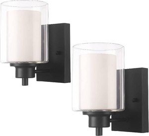 $32 2 Pack Bath Vanity Light Fixtures 1-light, Indoor Black Wall Light with Dual Glass Shade, Farmhouse Bathroom Wall Scone, Vintage E26 Bese Wall mount Lighting for Porch Bedroom Entryway Stairs