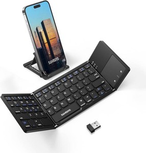 $36 Samsers Multi-Device Foldable Bluetooth Keyboard with Touchpad, Rechargeable Folding Keyboard with Holder, Portable Travel for Android Windows iOS Mac OS, Support 3 Devices - Black