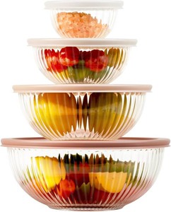 $22 Glass Mixing Bowls with Lids Sets, 4 PCS serving bowls for party or kitchen  For Baking, Meal Prepping and Salad, Bpa Free and Dishwasher and microwave Safe Serving Bowls, 0.2  0.5  1.1  2.1 QT