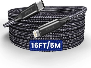 SCRUAK Extra Long Phone Charger Cord 16Ft, 16 Feet USB C to Lightning Cable Fast Charging Nylon Braided Phone Charger Cable for Phone 1313 Pro13 Pro Max1211MaxXSXR8