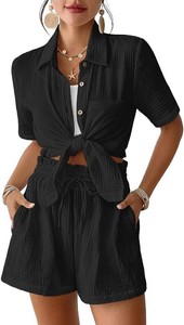 $34 Bsubseach Womens 2 Piece Cover Ups Set Cotton Beach Short Sets Short Sleeve Button Down Shirt Shorts Resort Wear 2026 medium