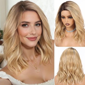 $40 HAIRCUBE Synthetic T Lace Front Wig,Side-Parted Glueless Lace Wigs for Women, 16-Inch Shoulder Length Wavy Style for Daily Wear, Party & Date (Ombre Golden Blonde)