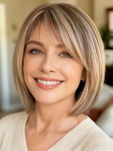 $24 Layered Ombre Honey Blonde Wigs for White Women with Bangs, Synthetic Straight Short Haircuts Wig Natural Looking Lightweight Glueless Blonde Bob Wig for Thinning Hair Lady Daily Wear