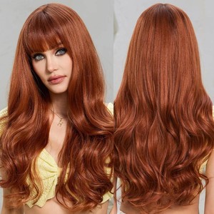 HAIRCUBE Orange Synthetic Womens Wig Layered Wigs with Bangs Long Wavy Heat Resistant Natural Wigs