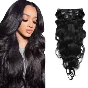 $50 #1B Natural Black Clip in Human Hair Extensions 20 Inch Color #1B Long Wave Clip in Seamless Extensions Human Hair Skin Weft Seamless Invisible Unprocessed Brazilian Virgin Remy Hair 120g