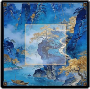 $27 Blue and Gold Chinoiserie Mahjong Mat for Table 31.5x31.5 in, Traditional Chinese Mountain Pavilion Mahjong Table Mat Cover Anti Slip Noise Reduction for Mah Jong Card Board Tile Games