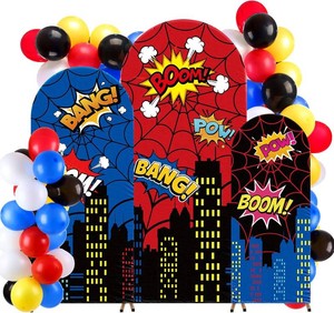 $44 Tudomro 3 Pcs Spider Web Arch Backdrop Cover with Balloons Spider Birthday Party Decorations for Photo Props Indoor Outdoor Cosplay Wedding Baby Shower Backdrop Decor