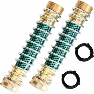 Hose Extension Adapter 2-Pack, 34 Solid Brass Garden Hose Kink Protector with Coil Spring, Flexible Faucet Connector for Leak-Free Watering, 2 Extra Rubber Washers