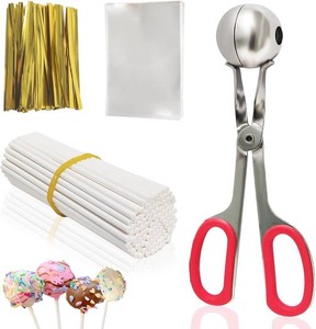 Cake Pop Sticks and Wrappers,Cake Pop Maker Set Cake Pops Making Tools  Candies and Chocolates Include 100 Cake Pop Bags ,Lollipop Sticks and Gold Metallic Twist Ties Meat Baller with One Handles