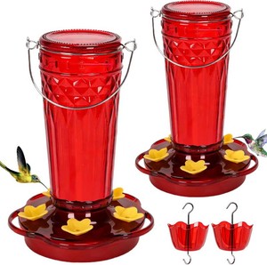 2 Pack Glass Hummingbird feeders for Outdoors 14Ounces 5 Feeding Ports Hummingbird Feeder,Wide Mouth for Easy FillingCleaning Hanging for Garden Backyard Decor, Includes Ant Moat (Red 2Pack)