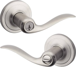 $40 Kwikset Tustin Entry Door Handle with Lock and Key, Secure Keyed Reversible Lever Exterior, For Front Entrance and Bedrooms, Satin Nickel, Pick Resistant Smartkey Rekey Security and Microban