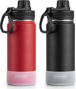 $25 koodee 2 Pack Water Bottle 18 oz Stainless Steel Double Wall Vacuum Insulated Sports Water Bottle for Girls and Boys, Reusable Metal Water Flask with 2 Lids-BPA Free and Leakproof (Canyon Red-Black)
