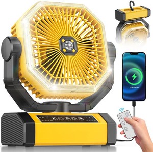$30 Battery Powered Fan - 9-Inch Rechargeable Fan Portable, 24000mAh(60Hrs) Camping Fans for Tent, Auto Oscillation Cordless, Tent Fans for Camping with Remotelight, 4 Speeds, 4 Timing, Outdoor, Yellow
