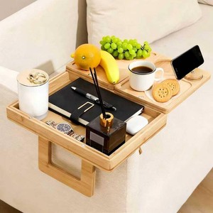 $50 4 in 1 Bamboo Couch Arm Tray with Storage, 360 Rotated Sofa Armrest Table  Armchair Caddy Organizer for Snacks & Drinks, Couch Arm Rest Table With Cup Holder & Phone Holder for Living Room
