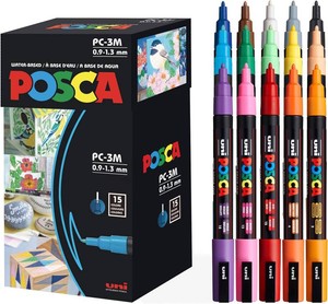 $27 posca Paint Markers, 3M Fine Point Acrylic Paint Pens with Reversible Tips, Art Supplies For Gifts, Decorations Fabric, Metal, Glass, Wood and Canvas, Set of 15