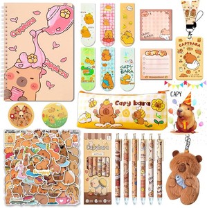 Capybara Gifts, Capybara School Supplies Stationery Set, Including Cartoon Journal Pencil Case Ballpoint Pen ID Badge Holder Stickers Keychain Bookmark Greeting Card