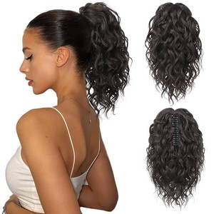 Flufymooz Ponytail Extension, 12 Short Claw Ponytail Extension Wavy Curly Jaw Clip in Pony tails Hair Extension Natural Synthetic Hairpiece for Women (Black Brown)
