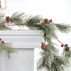 $29 6.4 FT Artificial Cedar Garlands, Real Touch Winter Pine Garland with Red Berries, Green Greenery Garland for Table, Mantle, Wall, Indoor, Outdoor Christmas Decorations