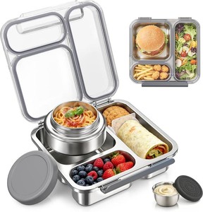 $45 Pawtong Stainless Steel Bento Box Kids Adult with 7oz Insulated Food Jar, Transparent Lid Metal Lunch Box With Soup Thermal Jar, Lunch Box Container with Removable Divider & Sauce Cup School (Grey)