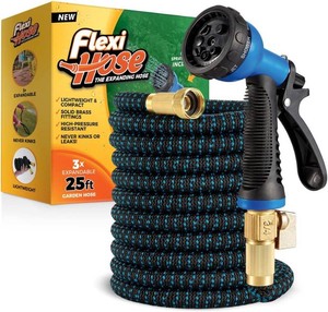 $38 Flexi Hose Expandable Garden Hose with 8 Function Nozzle, 25FT - Lightweight Retractable Garden Hose, Water Hose - No-Kink Flexibility, 34 Inch Solid Brass Fittings and Double Latex Core