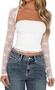 JOKELAMB Womens Lace Bolero Shrug, Sheer Floral Mesh Cropped Cardigan  90% Nylon, 10% Spandex, Lightweight Stretch Fabric, Long Sleeves, Party, Date and Daily Wear, Tube Top Not Included size M