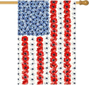 Patriotic Flower American House Flag 28 x 40 Double Sided Spring Summer Garden Decor 4th of July Memorial Independence Day Decorations Red White Blue Poppy Yard Banner for Outside