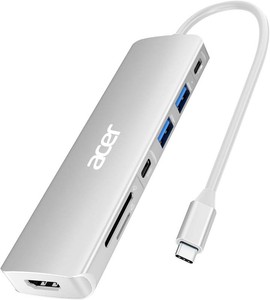 $23 Acer USB C Hub, 7 in 1 Multi-Port Adapter for LaptopMac Type C Devices  4K USB C to HDMI Splitter Hub, 100W Max PD Port, 2 USB 3.0 & 1 USB C Data Ports 5Gbps, SDTF Card Reader, Silver