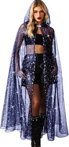$46 Kaei&Shi Star Tulle Cape,Long Sheer Hooded Cloak Gothic Witch Costume,Celestial Dress For Women Halloween Wedding
