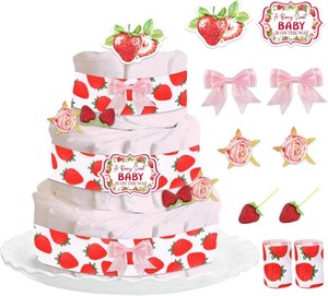 Strawberry Baby Shower Diaper Cake Decorations, Berry Sweet Baby Shower Cards Grosgrain Ribbons Artificial Roses Flowers Strawberry Decor Pink Bows for Fruit Theme Gender Reveal Favors