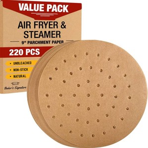 9 Steamer Paper, Air Fryer Round Parchment Paper Liners  220pcs Unbleached Bamboo   Easy Cleanup, Will Not Burn or Curl, Non-Toxic & Convenient Packaging by Bakers Signature