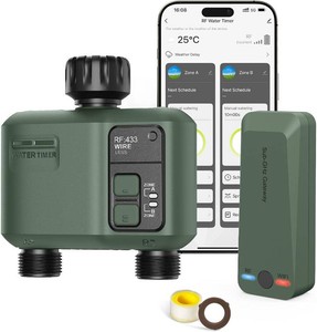 $48 WiFi Water Timer 2 Zone for Garden Hose, Smart Sprinkler Timer with 984ft RF Range, Smart Lawn Watering System Irrigation Controller, APPVoice Control, Rain Delay, AutomaticManual Irrigation