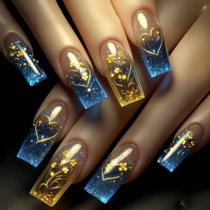 Press on Nails Long Coffin Shaped Acrylic Square False Nails with Designs Artificial Extra Long Length Coffin Fake Nails with Charms Glue Stick ons Fingernails for Women Girls(Y485)