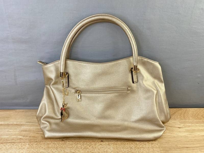 Gold Metallic Handbag with Cat Charm - Brand New Q