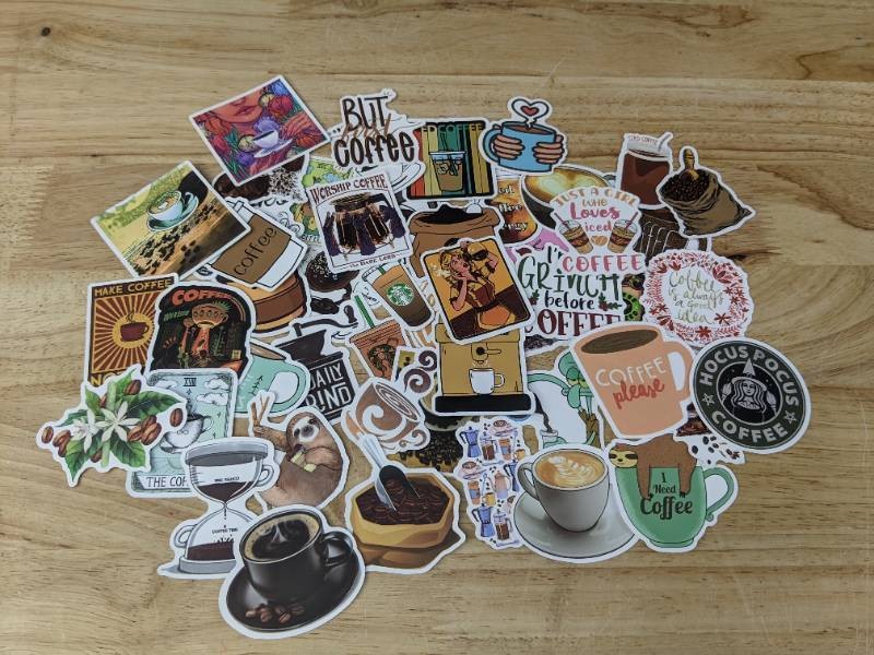 50 Brand New Coffee Theme Aesthetic Stickers for Water Bottles, Laptops, Scrapbooking Etc QE