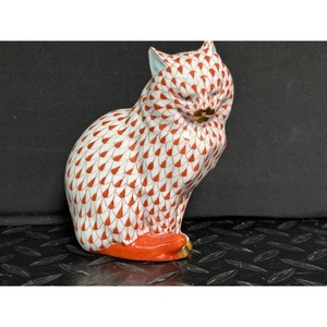 White & Orange Ceramic Cat Figurine - Mid-Century Decorative Accent