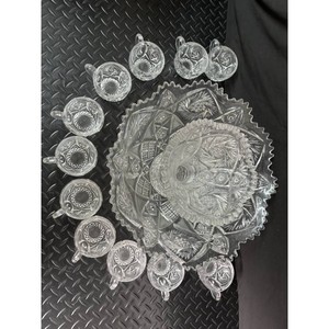 Clear Cut Glass Punch Bowl Set with 10 Cups and Ladle