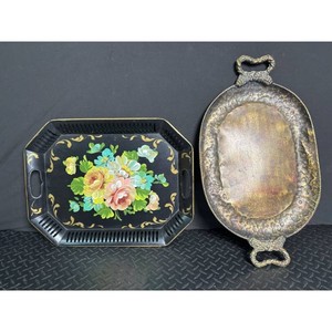 Black Enamel Serving Tray with Floral Decoration and Metal Platter