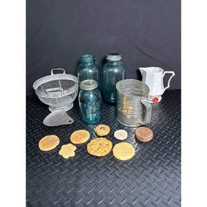 Assorted Glassware and Kitchen Tools Lot � Canisters, Strainers, Scoop