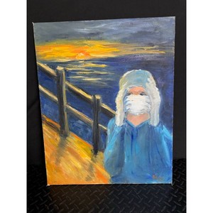 Acrylic Painting of Masked Figure at Sunset � BlueOrange Tones