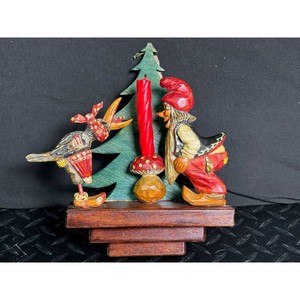 Hand-Carved Wood Christmas Candle Holder with Figures