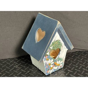 Blue Wood Heart-Cutout Birdhouse with Floral Front