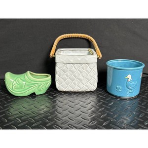 Blue Ceramic Duck Canister, White Basket Planter, Green Shoe 3 Pc