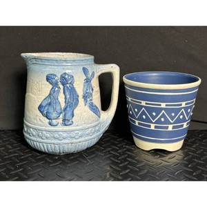Blue Stoneware Figural Pitcher and Cup Set