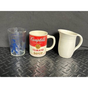 Clear Glass Campbells Tomato Soup Mug and Blue Print Glass 3 Pieces