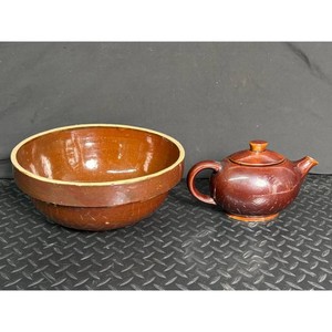 Brown Glazed Ceramic Bowl and Teapot Set 2 Pieces