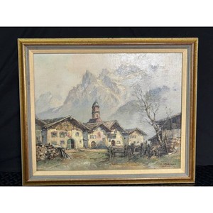 Alpine Village Painting by E. Brcker, Signed 1985 Mountain Landscape