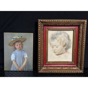 Framed Child Portrait Drawing in Ornate Gold Frame