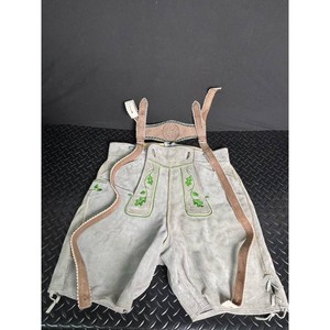 Gray Suede Lederhosen Shorts with Suspenders and Embroidery