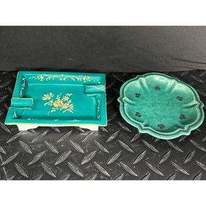 Gustavsberg Green Ceramic Ashtray and Tray Set, 2 Pieces