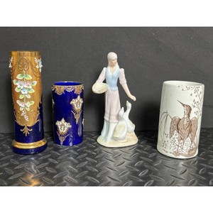 Porcelain Girl with Geese Figurine and 3 Decorative Vases